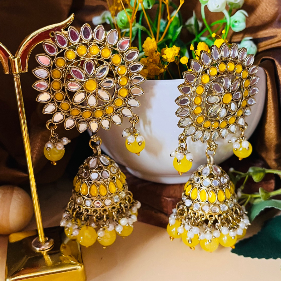 Yellow Color Mirror Jhumkas Earring