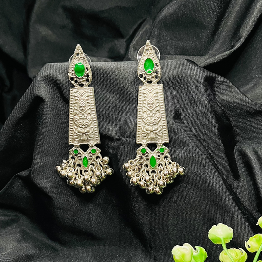 Antique Finishing Oxidised Silver Green Studs Earrings