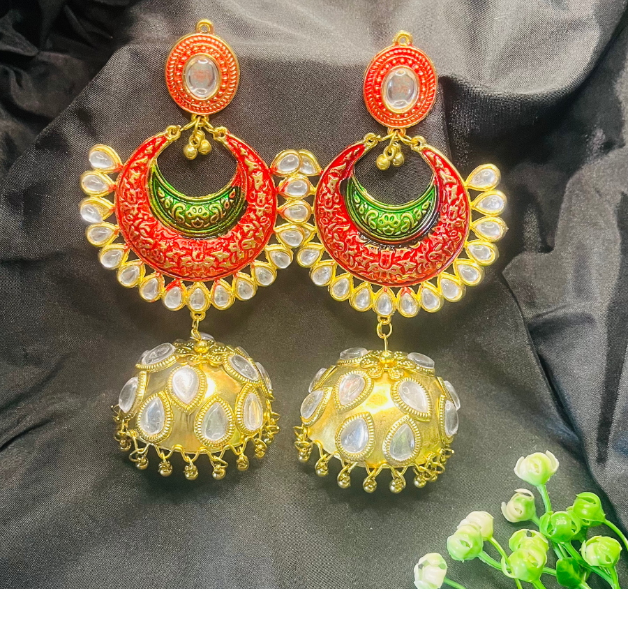 Red & Gold-Toned Dome Shaped Jhumkas Earrings