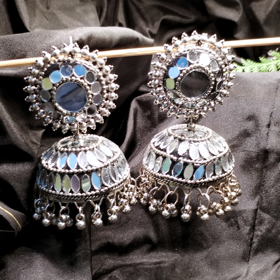 Silver-Toned Mirror Jhumki Earrings