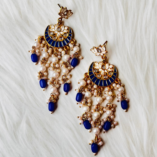 Gold-Plated Blue Kundan Drop Earrings