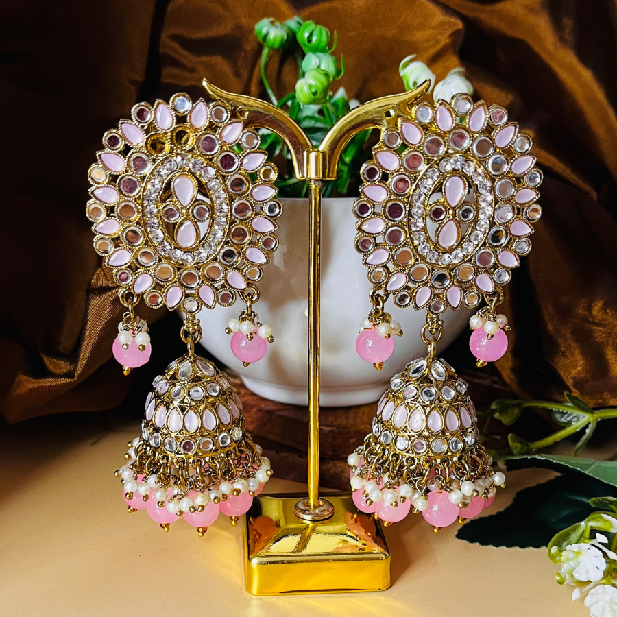 Pink Color Mirror Jhumkas Earring