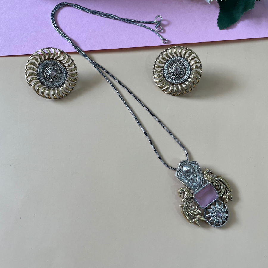 Dual Tone Silver Pendant Necklace Set