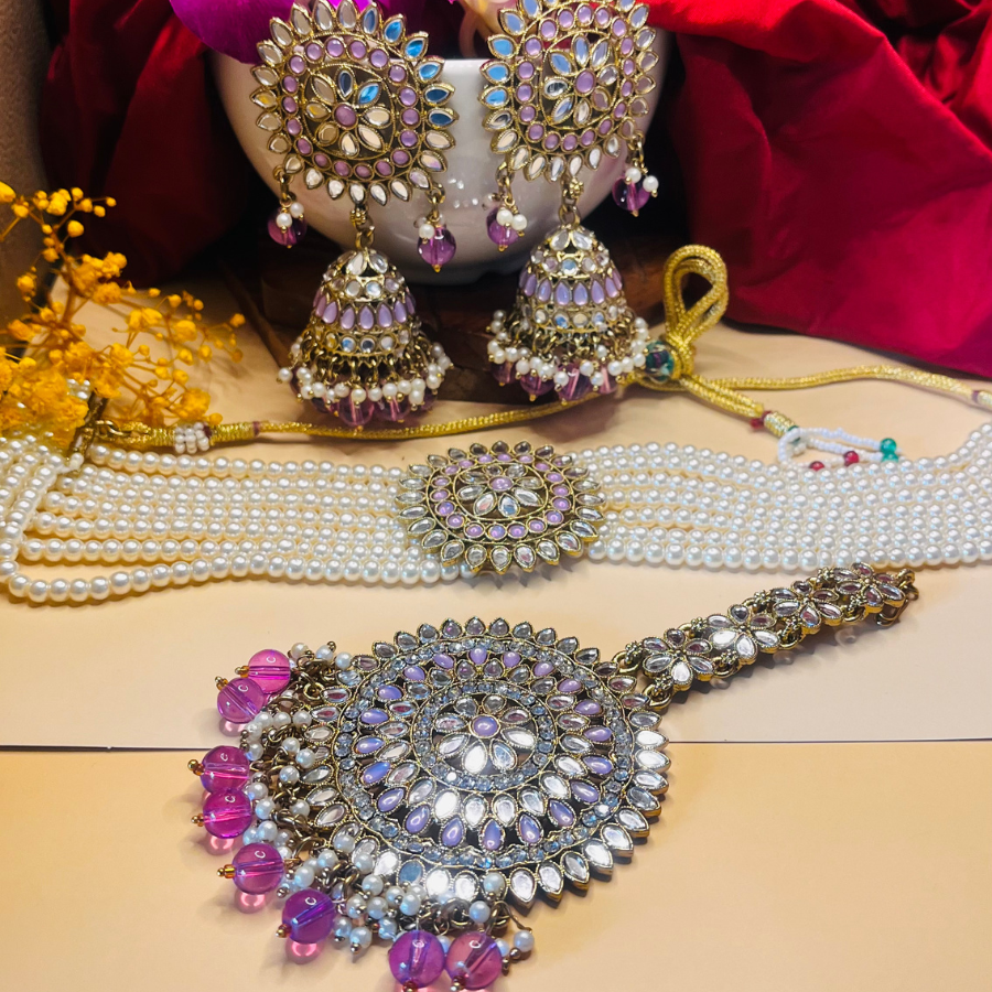 Purple Color Kundan Mirror Choker Set