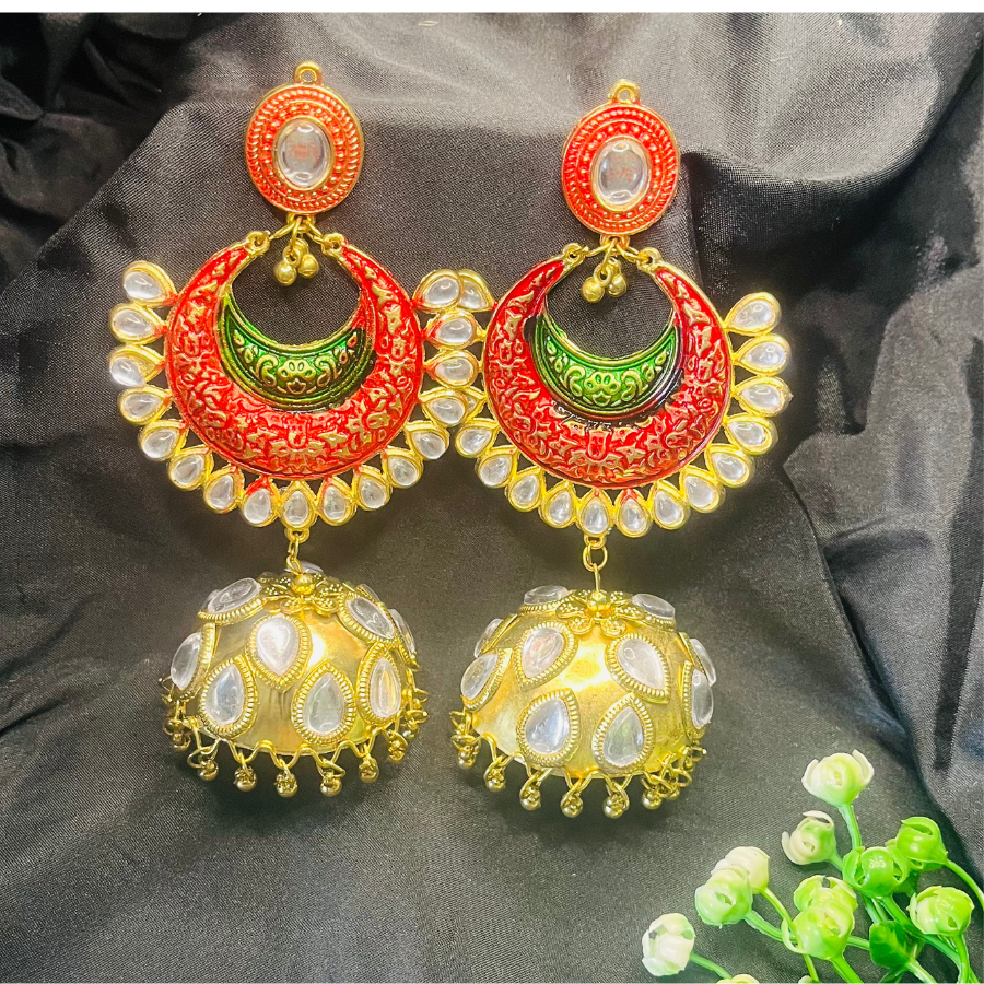 Red & Gold-Toned Dome Shaped Jhumkas Earrings