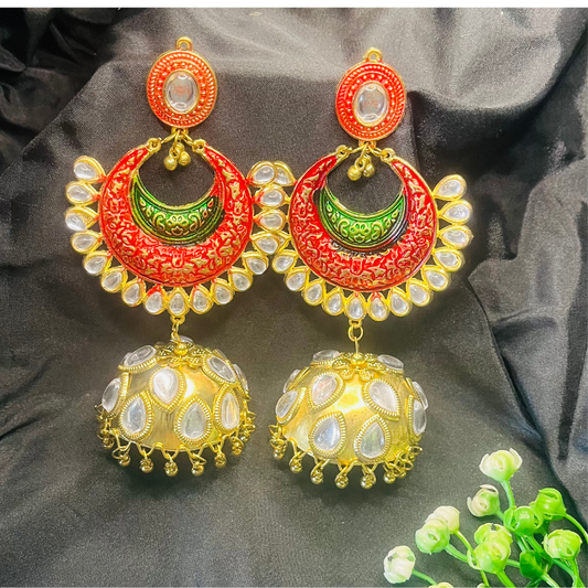 Red & Gold-Toned Dome Shaped Jhumkas Earrings