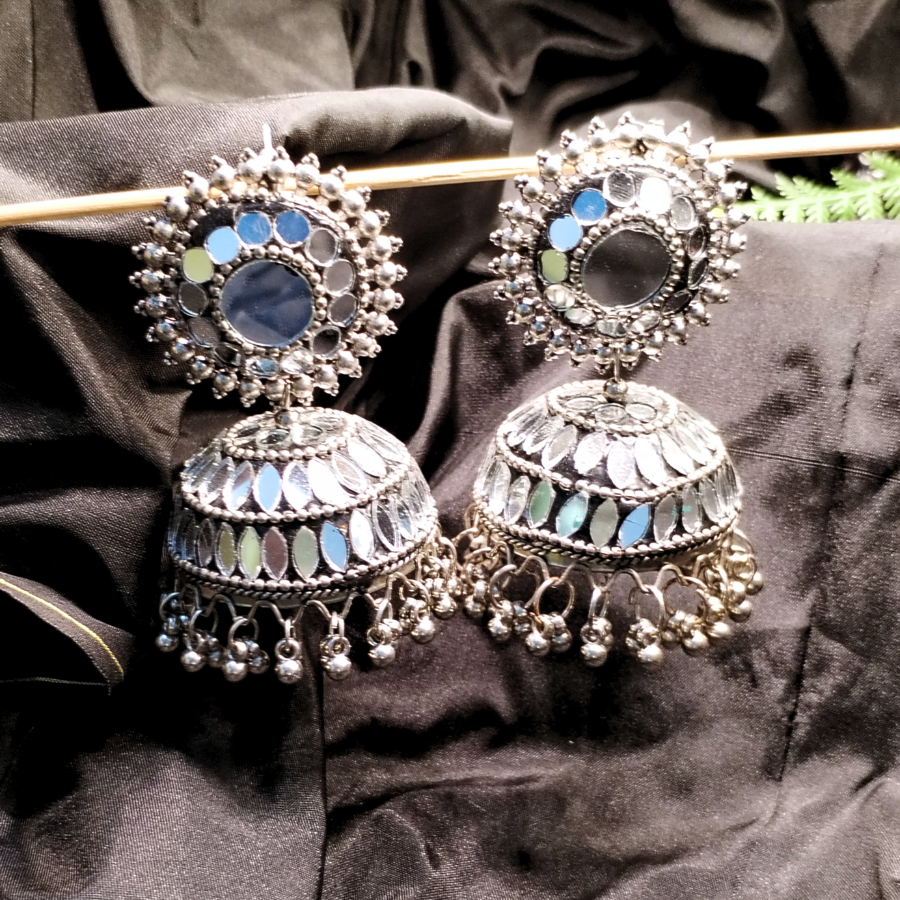 Silver-Toned Mirror Jhumki Earrings