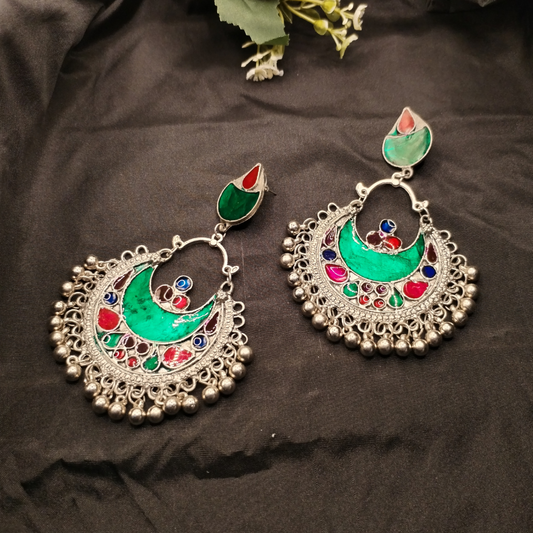 Silver-Plated Green Classic Chandbalis Earrings