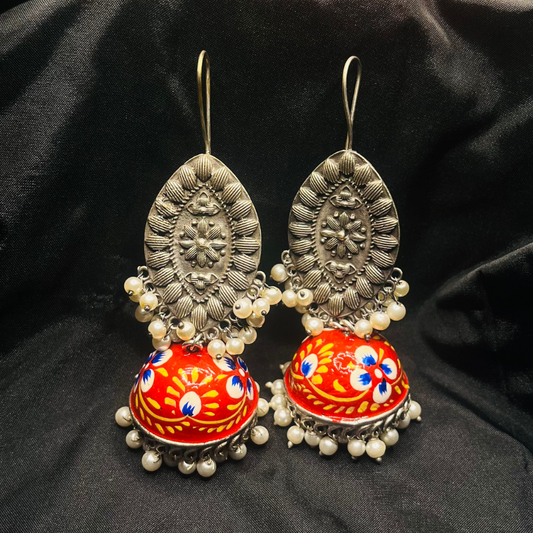 German Silver Meenakari Red Jhumki Earrings