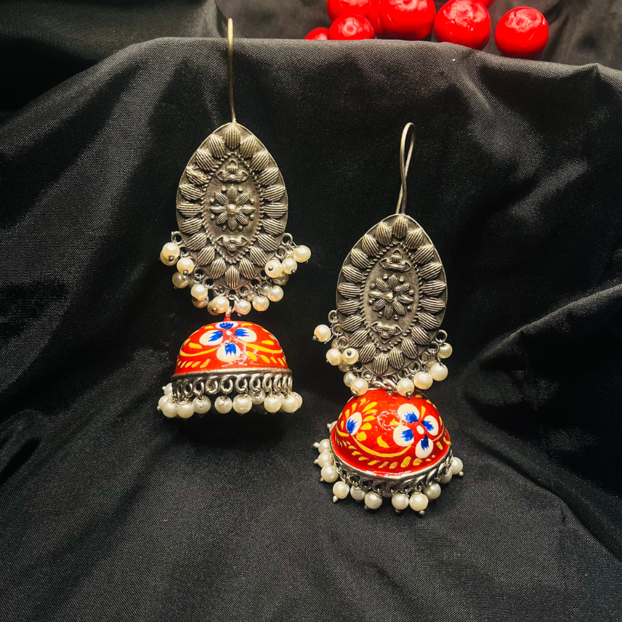 German Silver Meenakari Red Jhumki Earrings