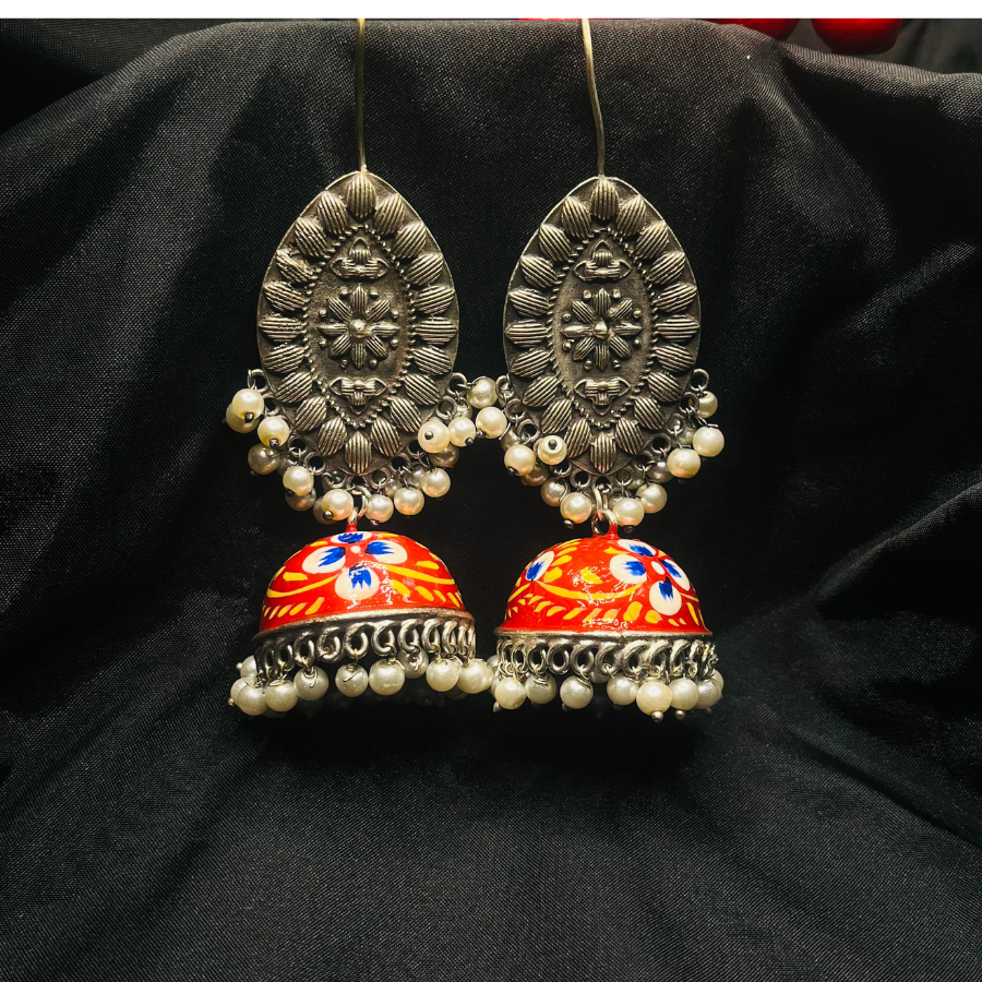 German Silver Meenakari Red Jhumki Earrings