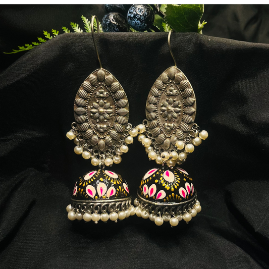 German Silver Meenakari Black Jhumki Earrings