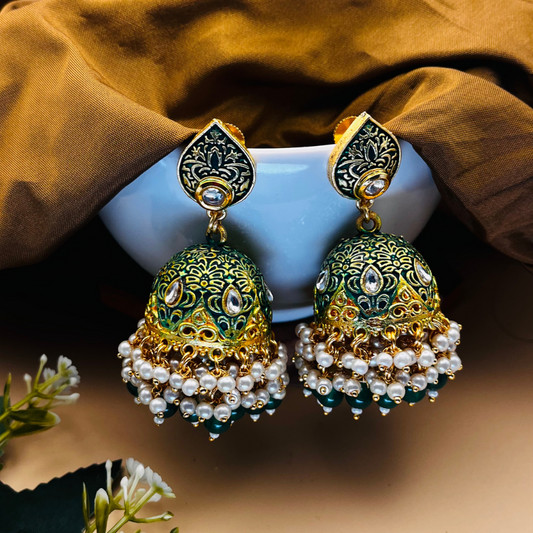 Gold Platted Meenakari Jhumka Earrings