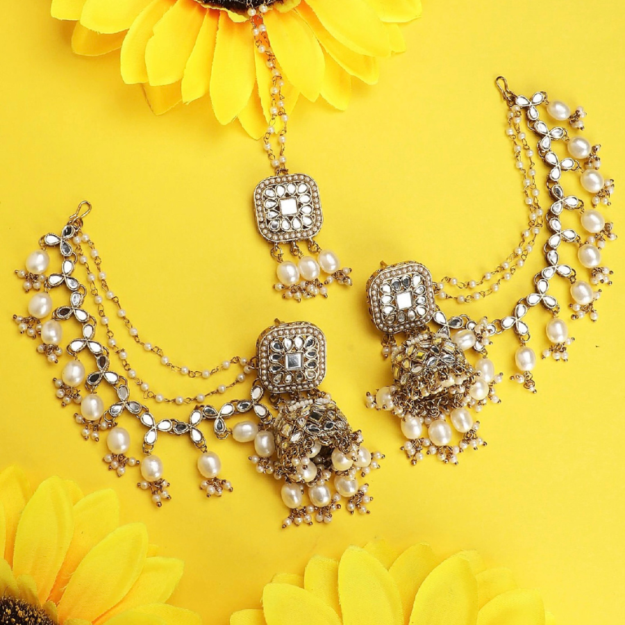 Designer Mirror Kundan Jhumkas Earring Earchain and Tikka Set