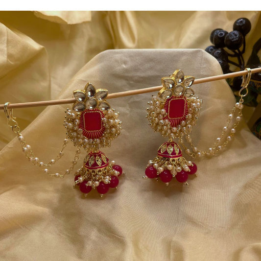 Pink Gold Tone Kundan Pearl Beaded Earrings With Ear Chains