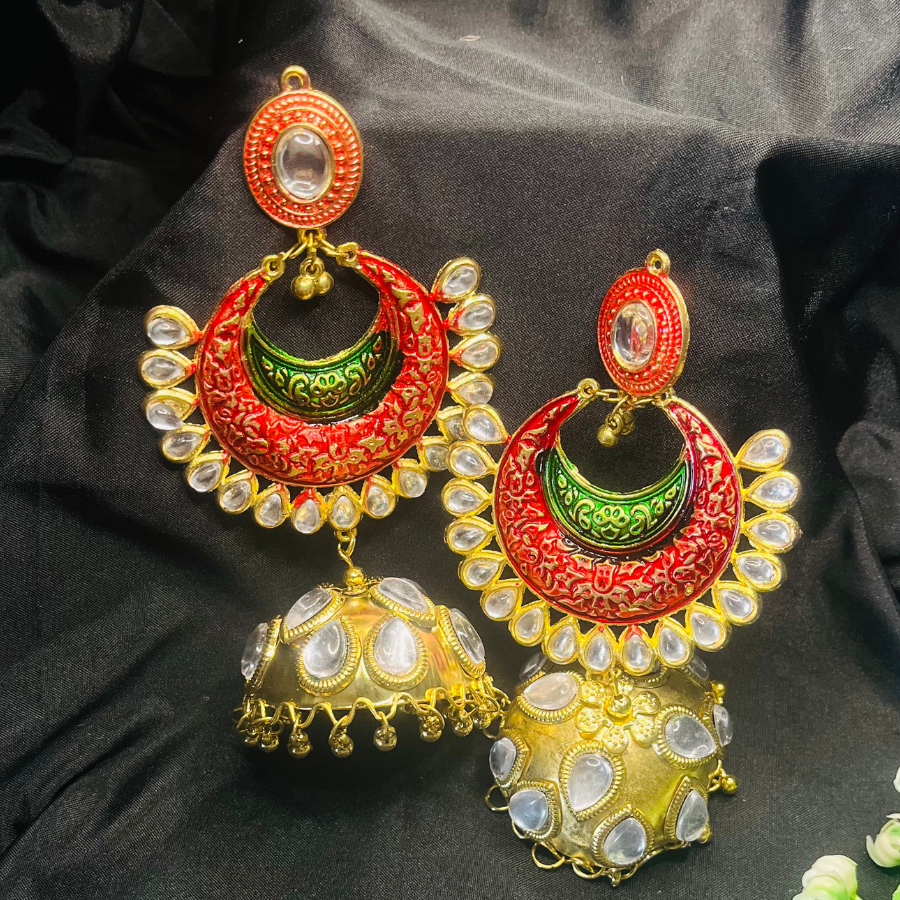 Red & Gold-Toned Dome Shaped Jhumkas Earrings