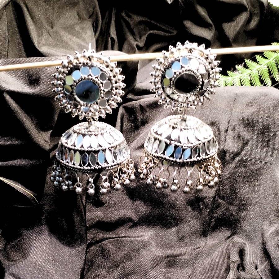 Silver-Toned Mirror Jhumki Earrings