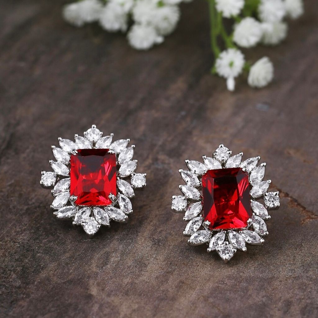 Red & Silver Plated Square Studs