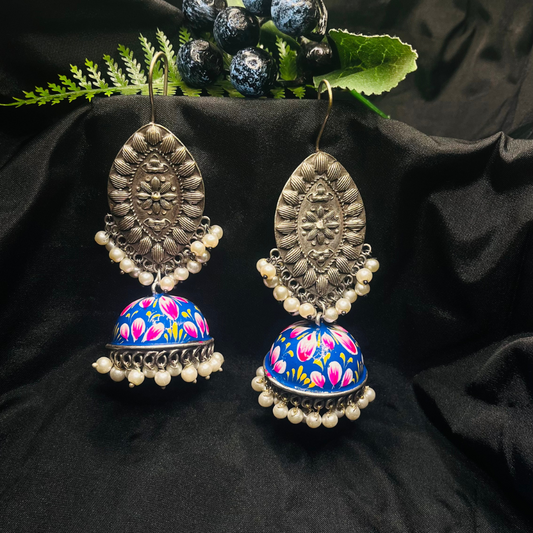 German Silver Meenakari Blue Jhumki Earrings