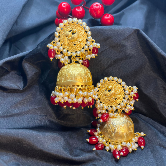 Gold-Plated Maroon Kundan & Beaded Jhumkas Earrings