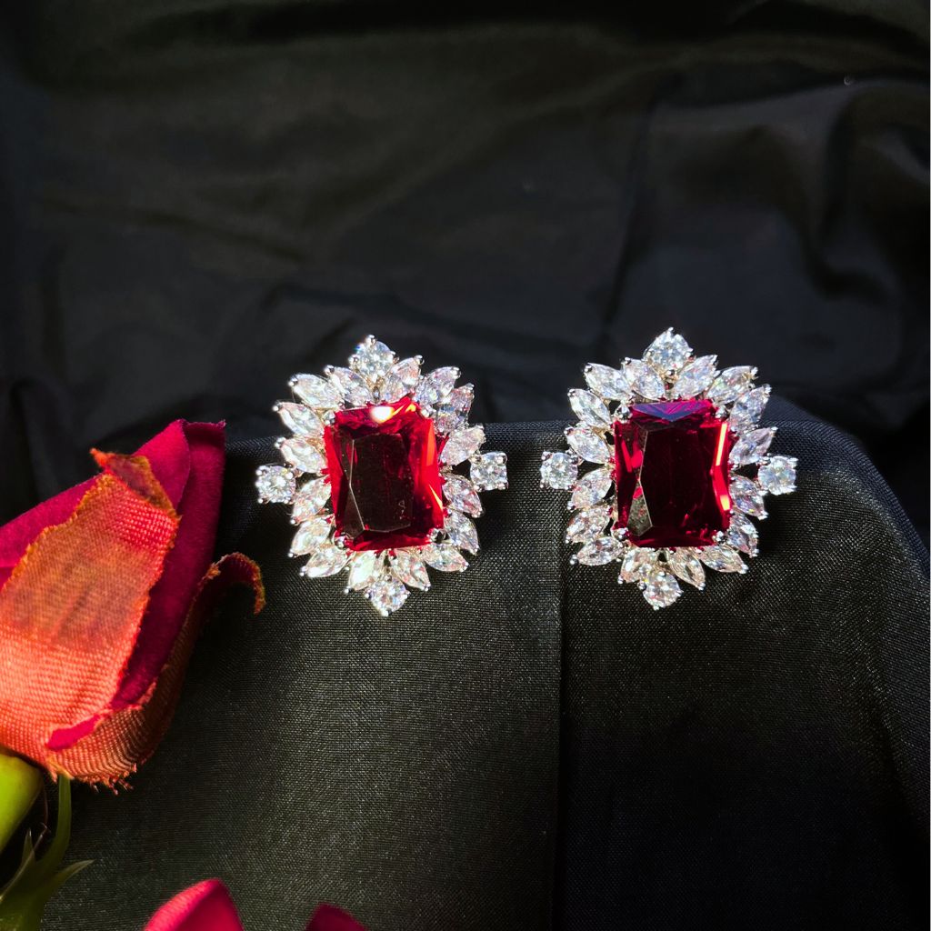 Red & Silver Plated Square Studs