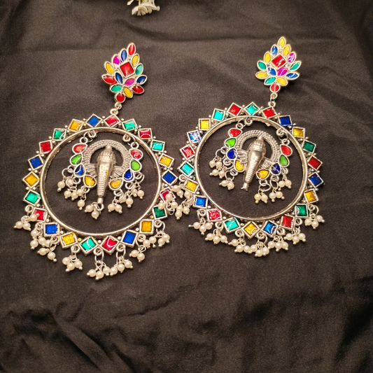 Multicolor Silver Oxidized Temple Dangler Hoop Earrings