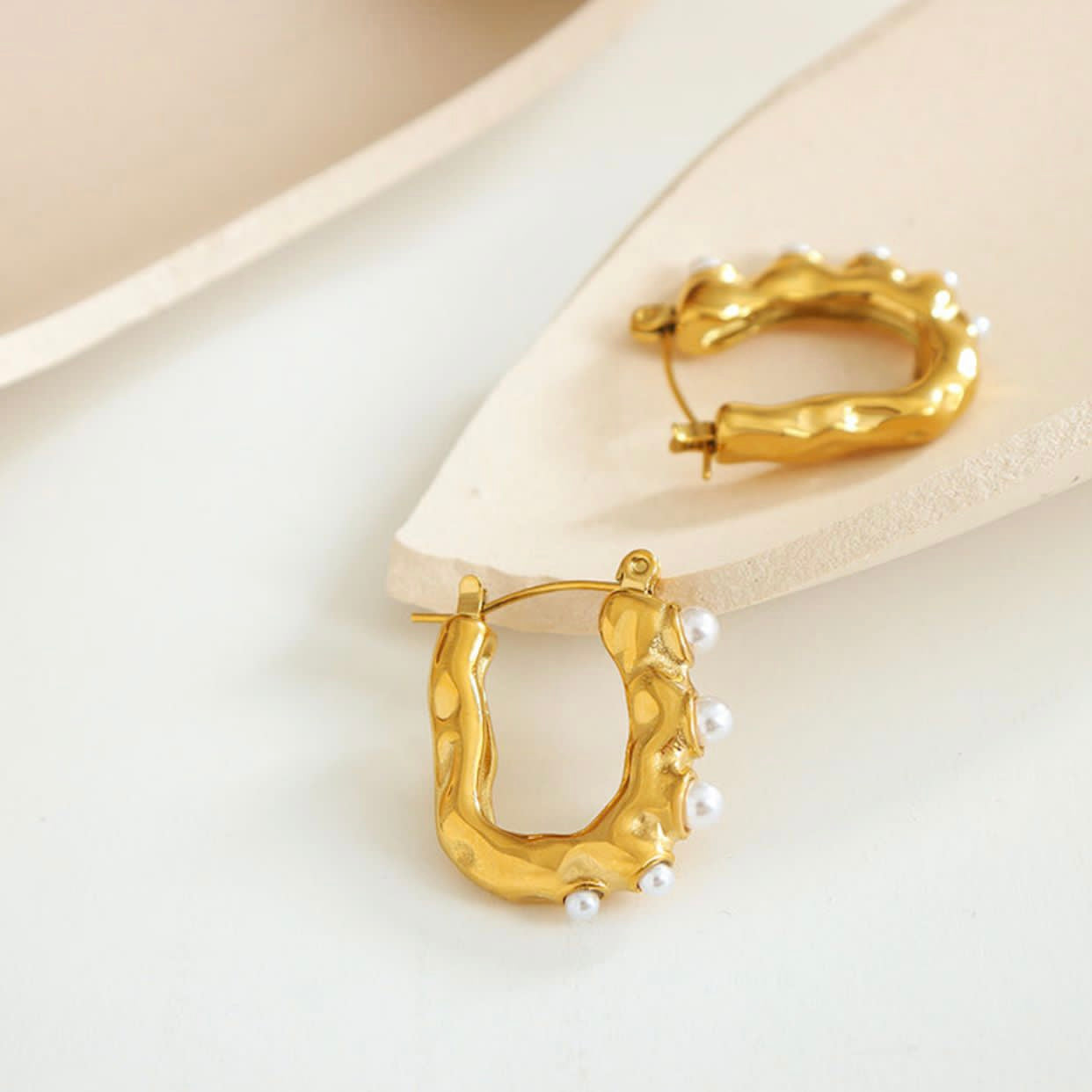 U Shaped Pearl Gold Hoop Earrings