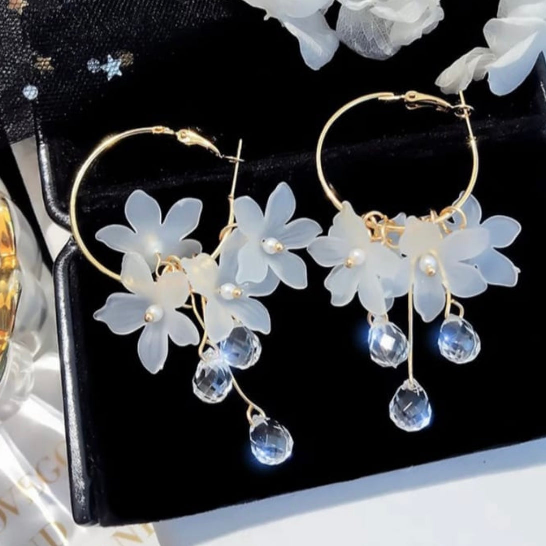 White Flower Hoop Earrings