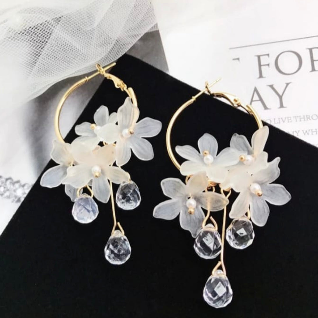 White Flower Hoop Earrings