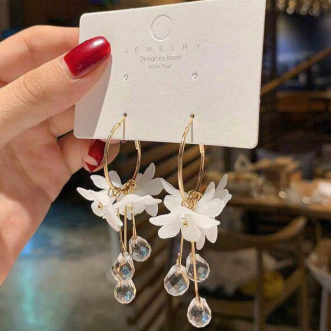 White Flower Hoop Earrings