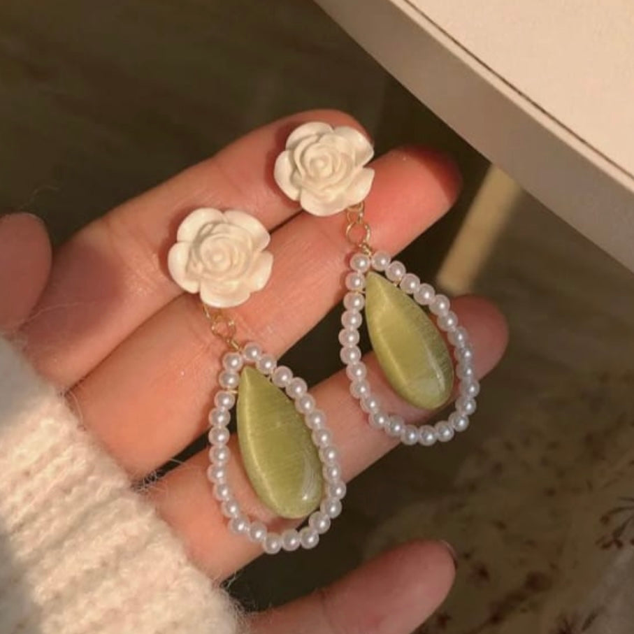 Cream & Green Drop Earrings