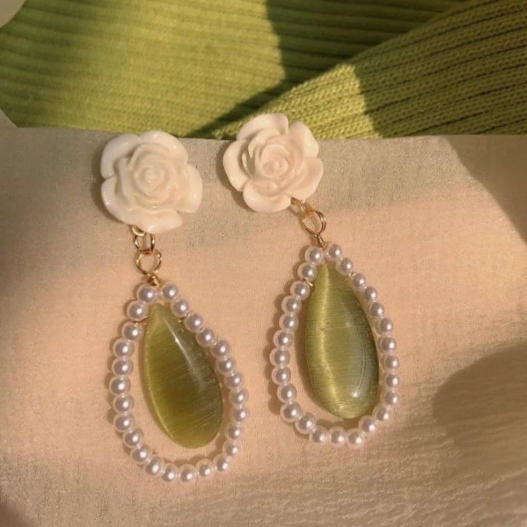 Cream & Green Drop Earrings