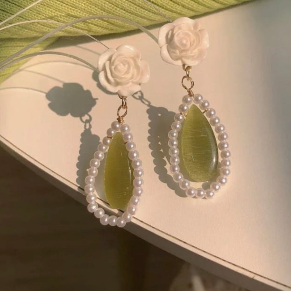 Cream & Green Drop Earrings