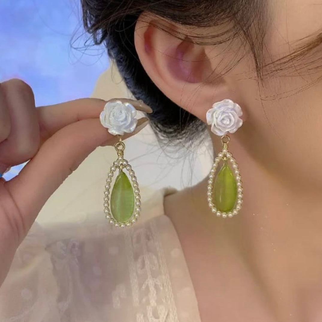 Cream & Green Drop Earrings