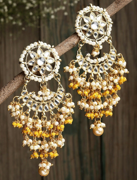 Yellow Kundan Studded Contemporary Chandbalis Earrings