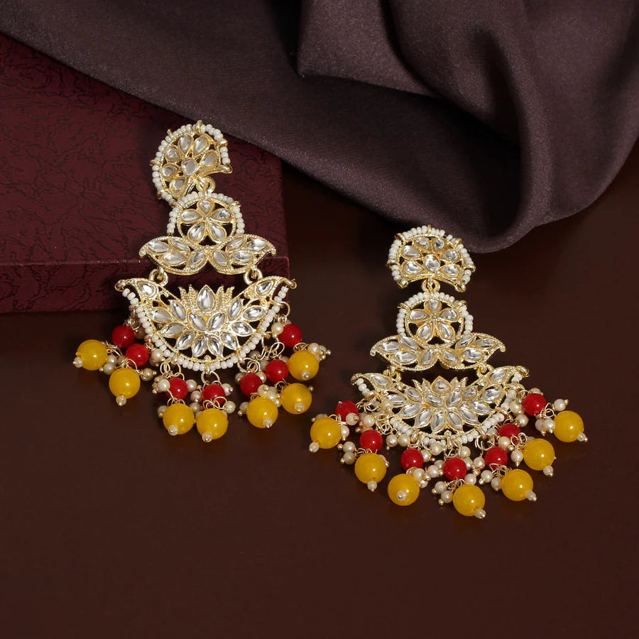 Yellow-Red Kundan Earrings