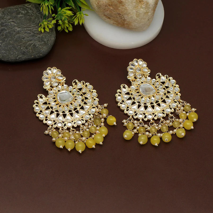 Yellow Color Kundan Earrings