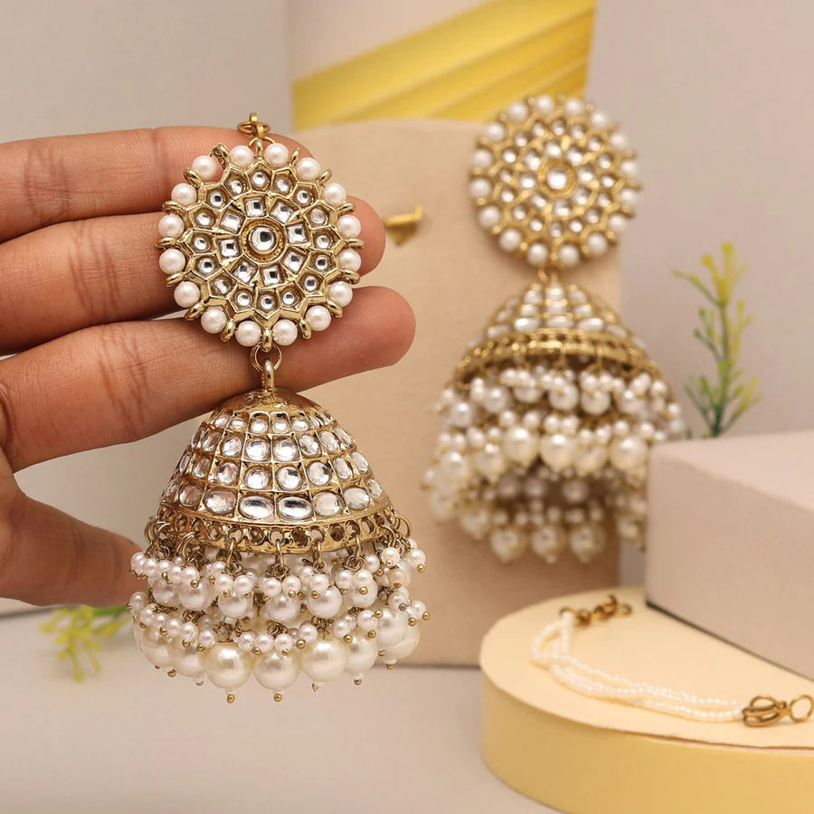 Premium White Kundan Jhumka Earrings