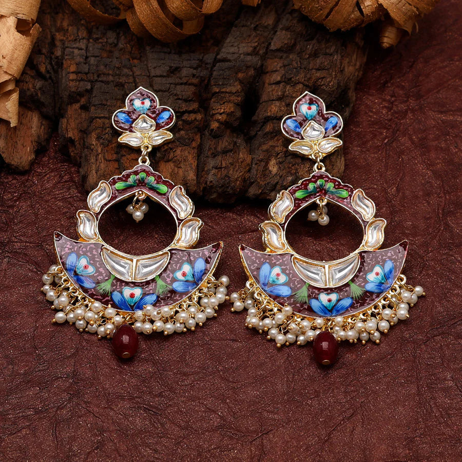 Maroon Hand Painted Kundan Meenakari Earrings