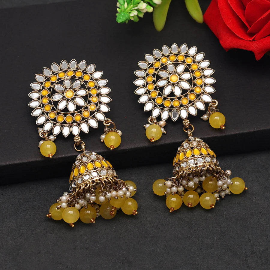 Yellow Color Mirror Jhumkas Earring