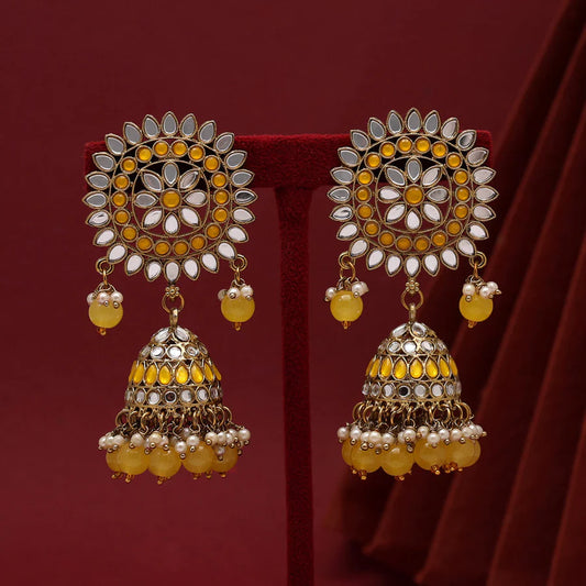 Yellow Color Mirror Jhumkas Earring