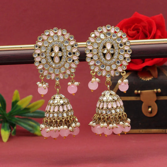 Pink Color Mirror Jhumkas Earring