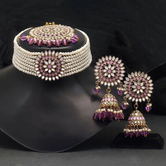 Purple Color Kundan Mirror Choker Set