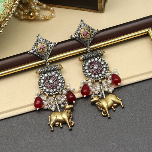 Red Premium Oxidised Two Tone Earrings