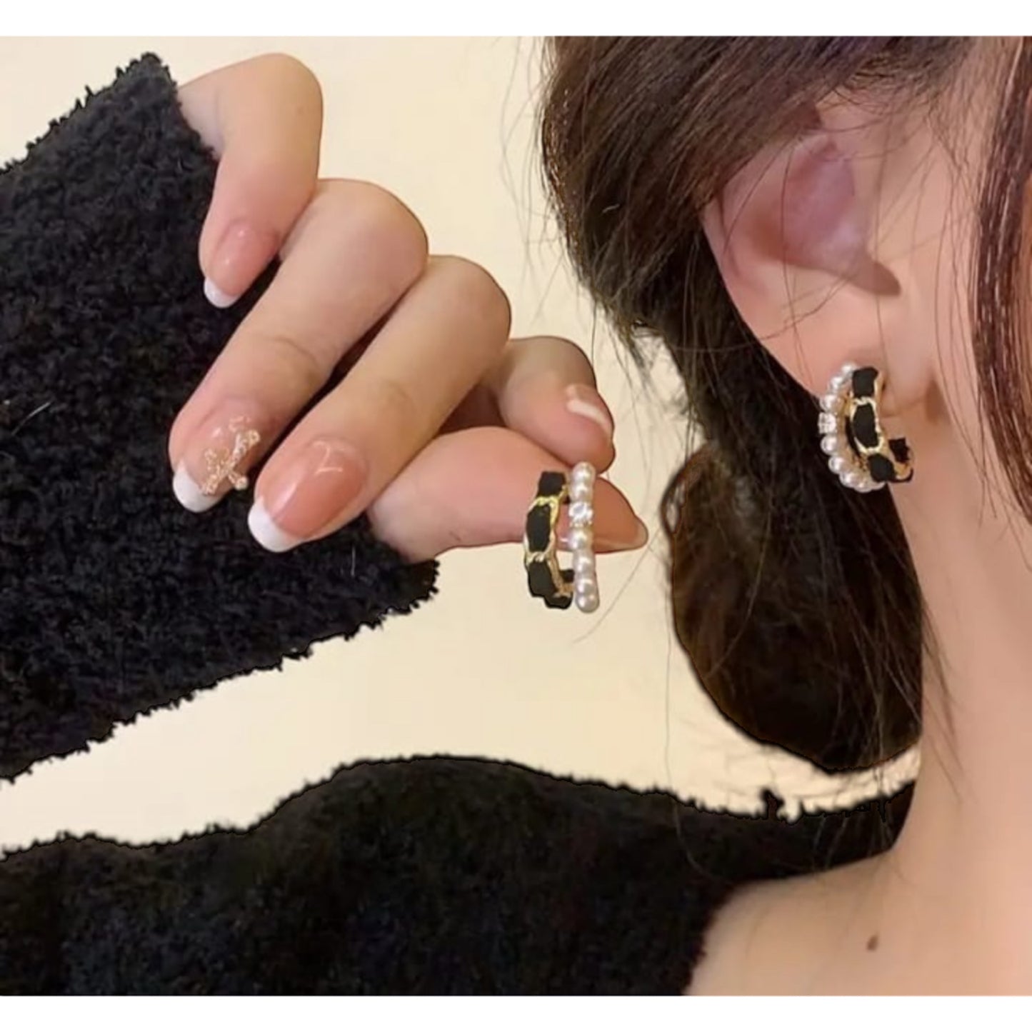 Black Velvet Pearl Hoop Earrings