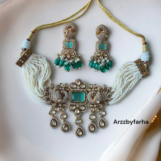 Peacock Sea Green Beaded Choker Set