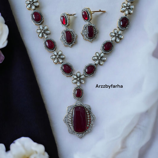 Maroon Stone Zircon Studded Necklace Set