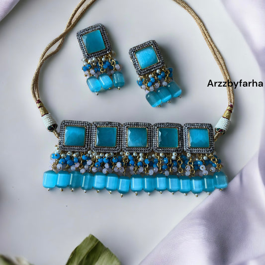 Blue Glass Beaded Choker Set