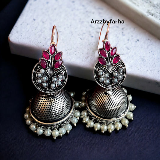 Ruby Pink Oxidised Jhumka Earrings