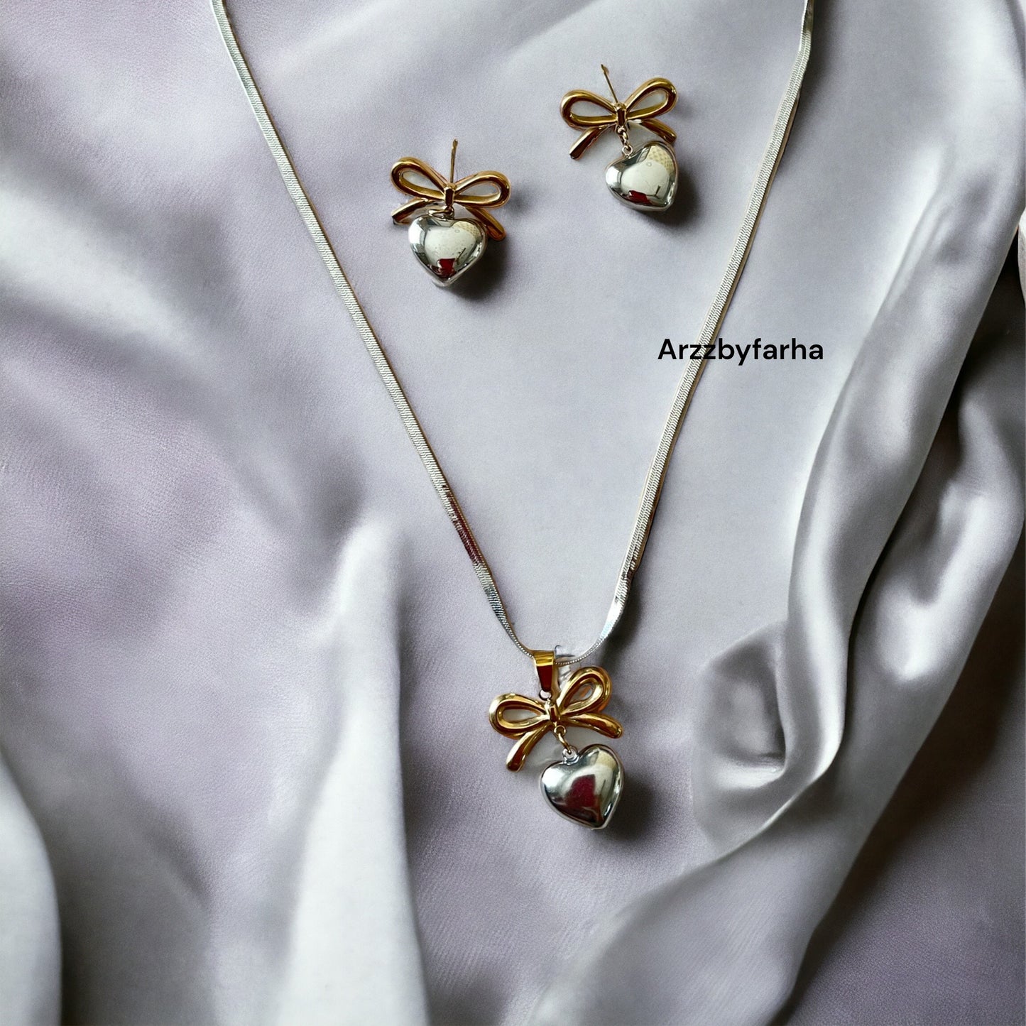 Dual Tone Heart Bow Pendant Necklace Set